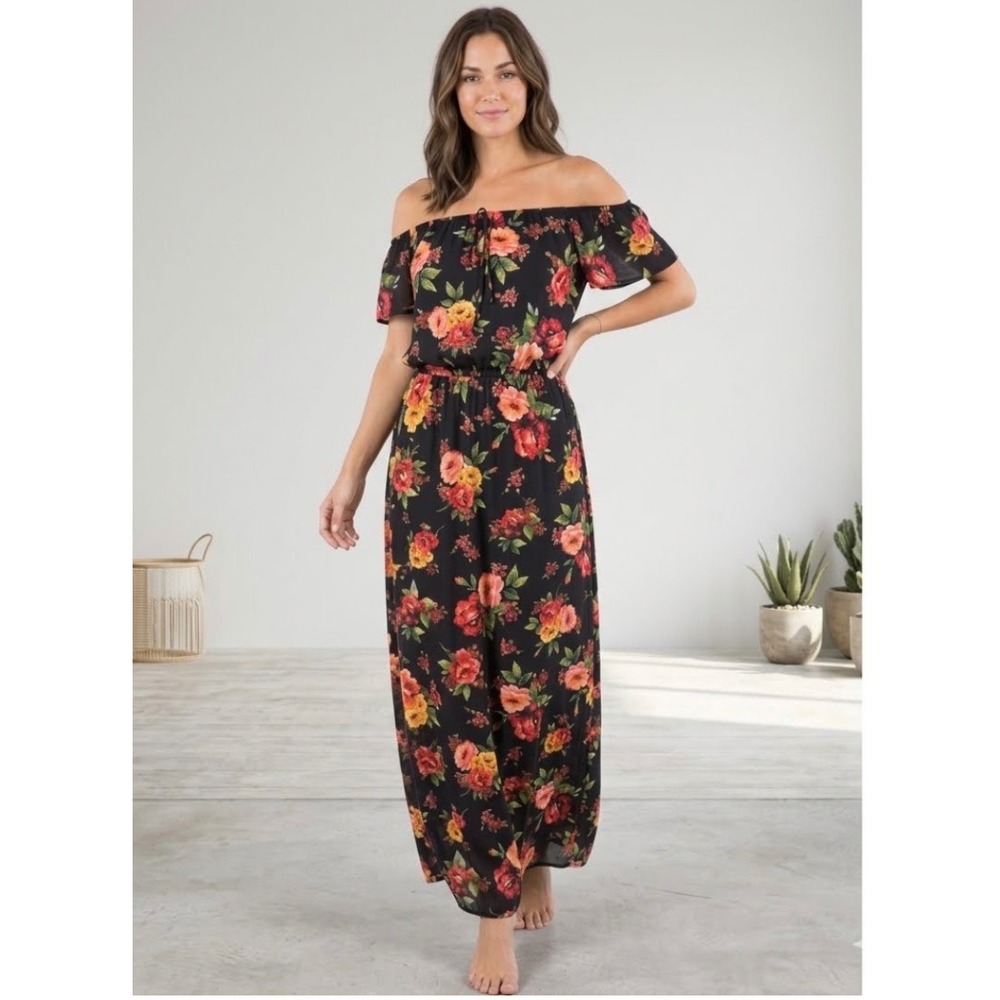 Ambiance‎ Women's Floral Crinkle Off Shoulder Elastic Waist Boho Maxi Dress S